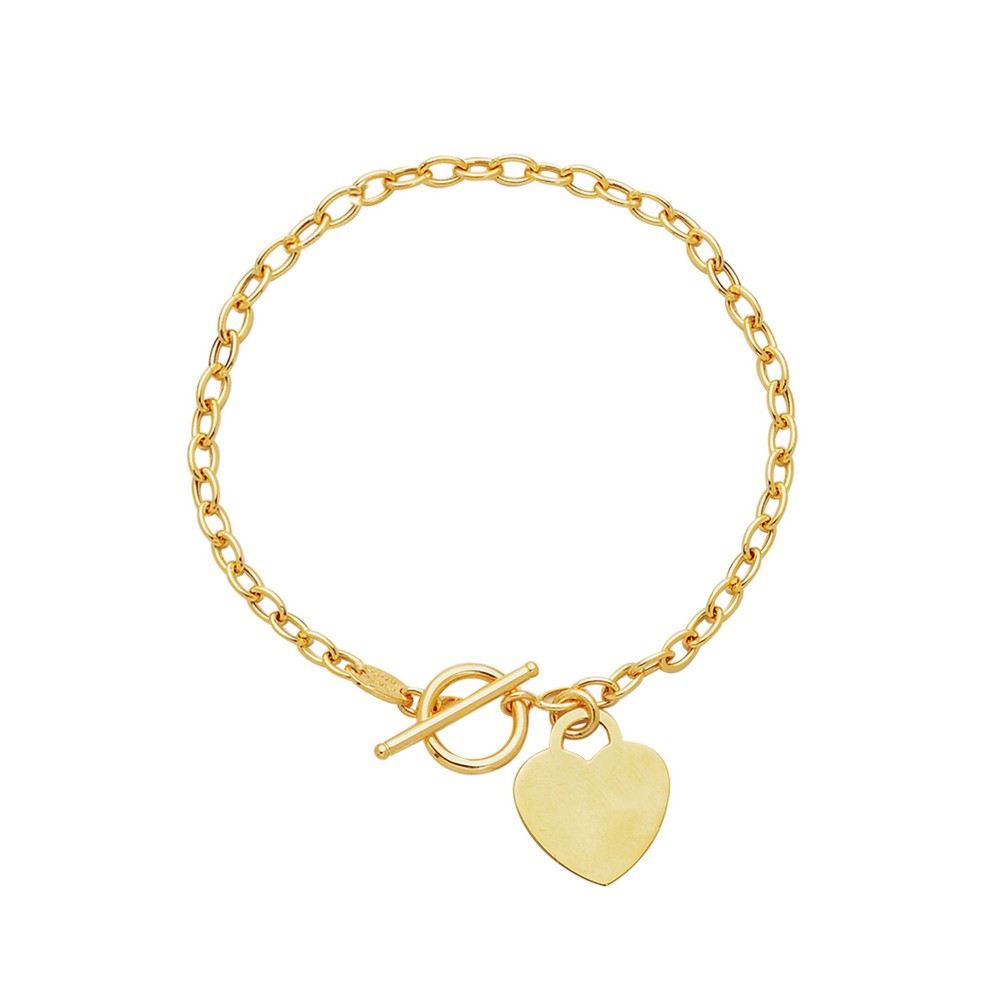 
14k Yellow Gold Sparkle-Cut Oval Chain Link Bracelet With Heart With Toggle Lock - 7.5 Inch
