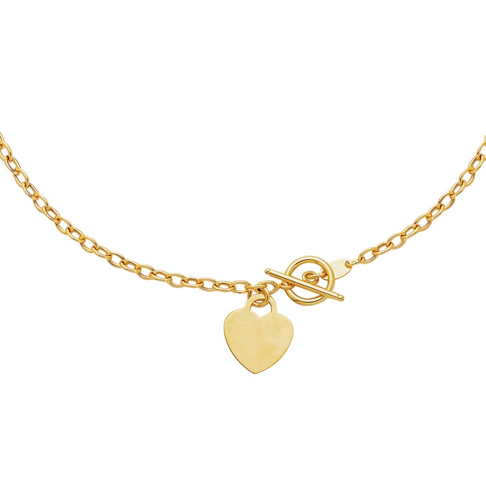
14k Yellow Gold Sparkle-Cut Oval Chain Link Necklace With Heart With Toggle Lock - 17 Inch
