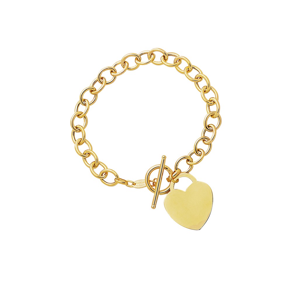 
14k Yellow Gold Sparkle-Cut Round Chain Link Bracelet With Heart With Toggle Lock - 7.5 Inch
