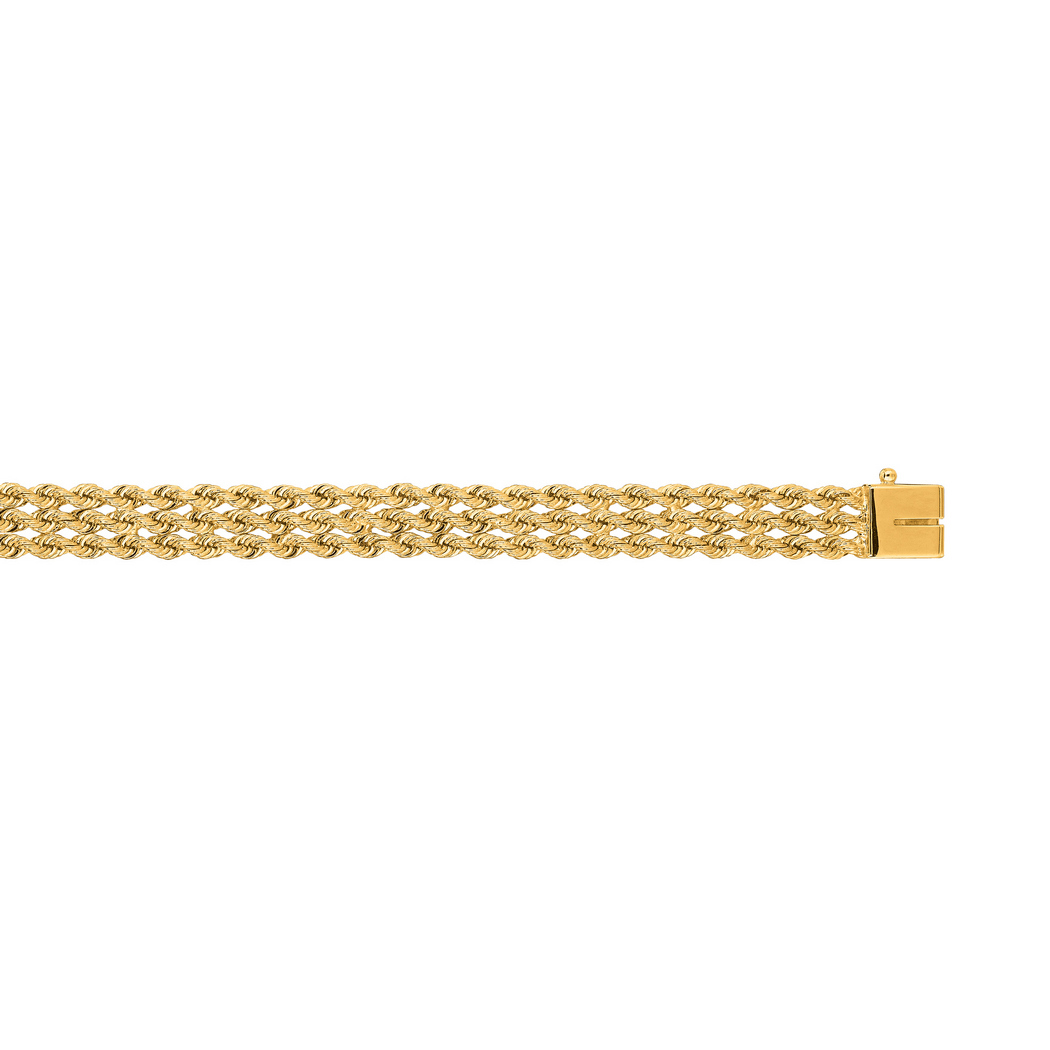 
14k Yellow Gold 7.0mm Sparkle-Cut Multi Line Rope Chain With Box Catch Clasp Bracelet - 8 Inch
