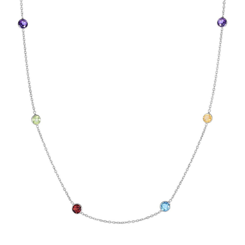 
14k White Gold Cable Chain Necklace Spring Ring Clasp Multi Color Faceted Station Stone - 18 Inch
