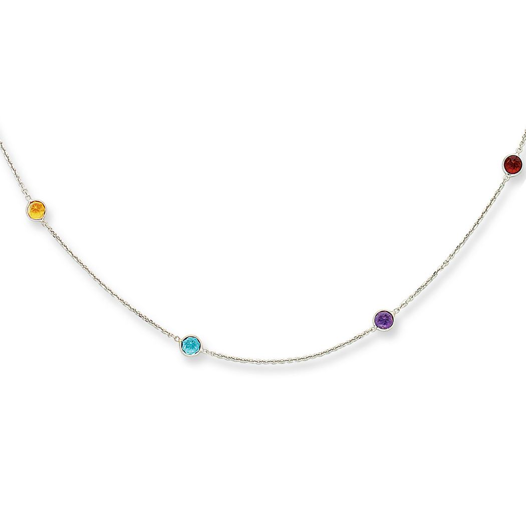 
14k White Gold 8-multi Colored Stone Stationed Cable Necklace With Lobster Clasp - 16 Inch
