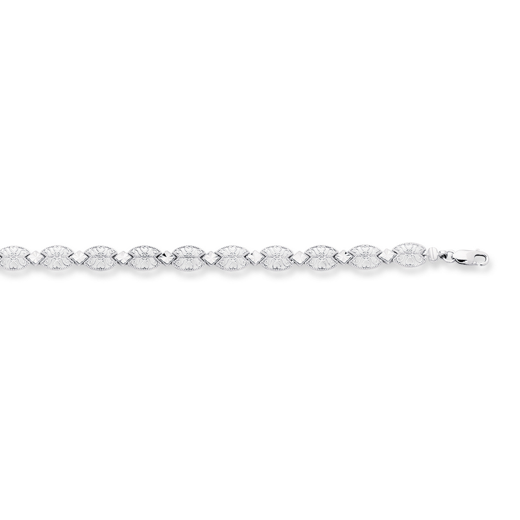 
14k White Gold Sparkle-Cut Fashion Filigree Bracelet With Lobster Clasp - 7.25 Inch
