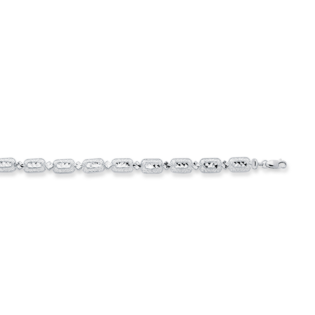 
14k White Gold Sparkle-Cut Rectangle Type Fashion Filigree Bracelet With Lobster Clasp - 7.25 Inch
