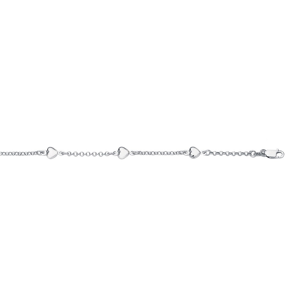 
14k White Gold Shiny Rolo Chain Link Puffed Heart Bracelet With Lobster Clasp - 7 Inch
