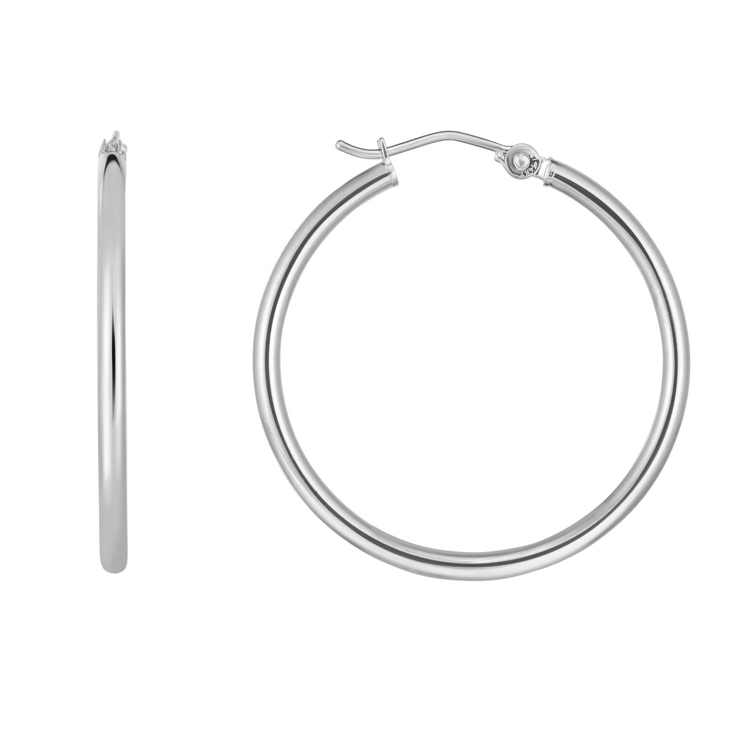 
14k White Gold 2x30mm Shiny Round Tube Hoop Earrings With Hinged Clasp
