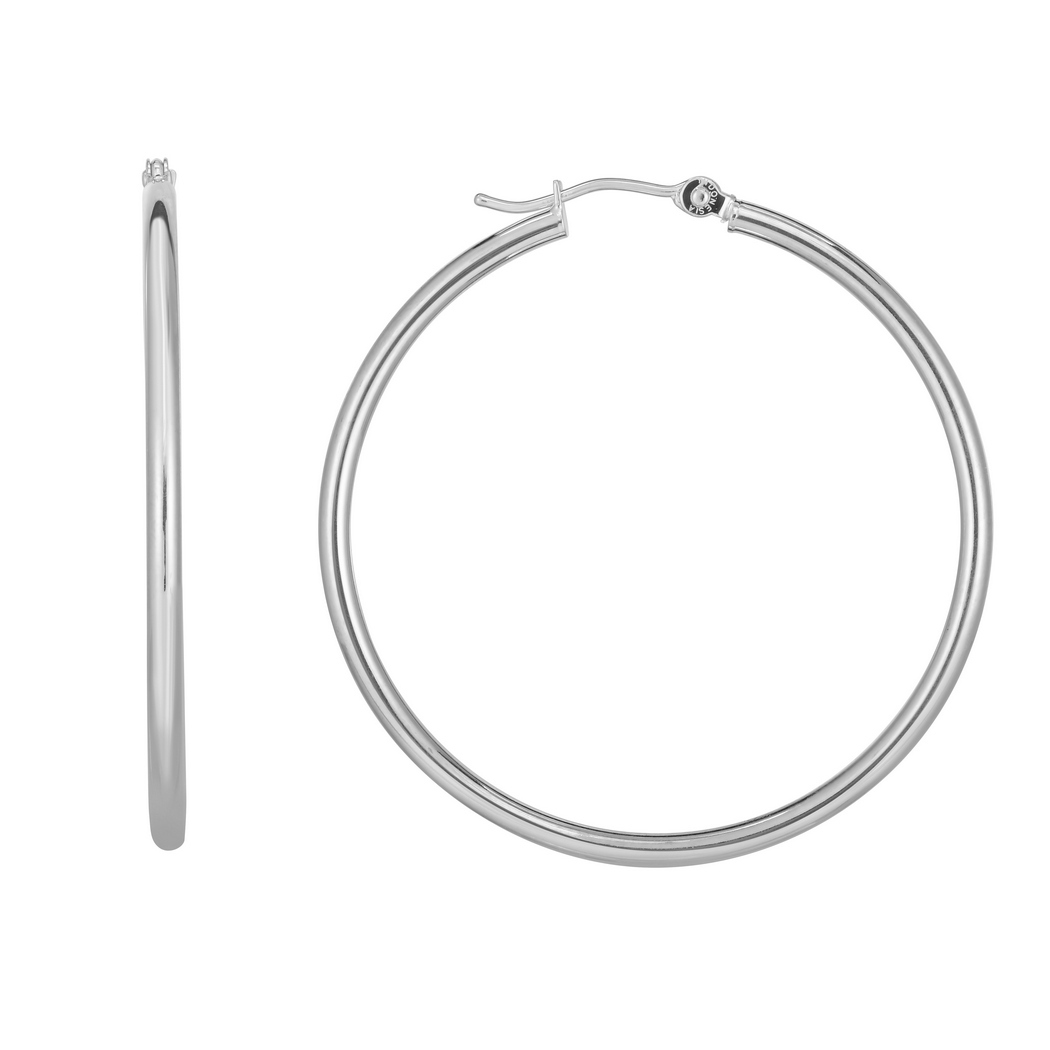 
14k White Gold 2x40mm Shiny Round Tube Hoop Earrings With Hinged Clasp
