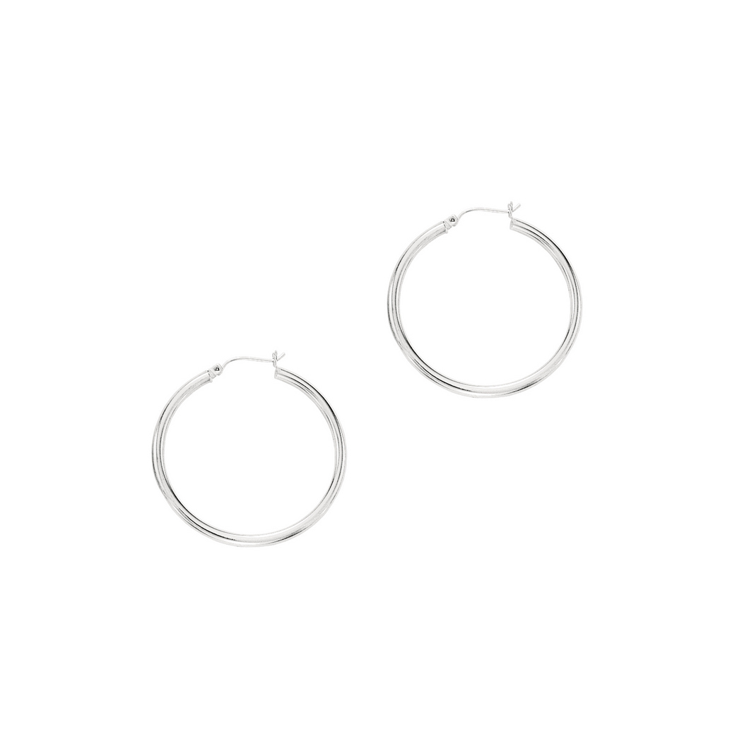 
14k White Gold 3.0x40mm Round Tube Shiny Hoop Earrings With Hinged Clasp
