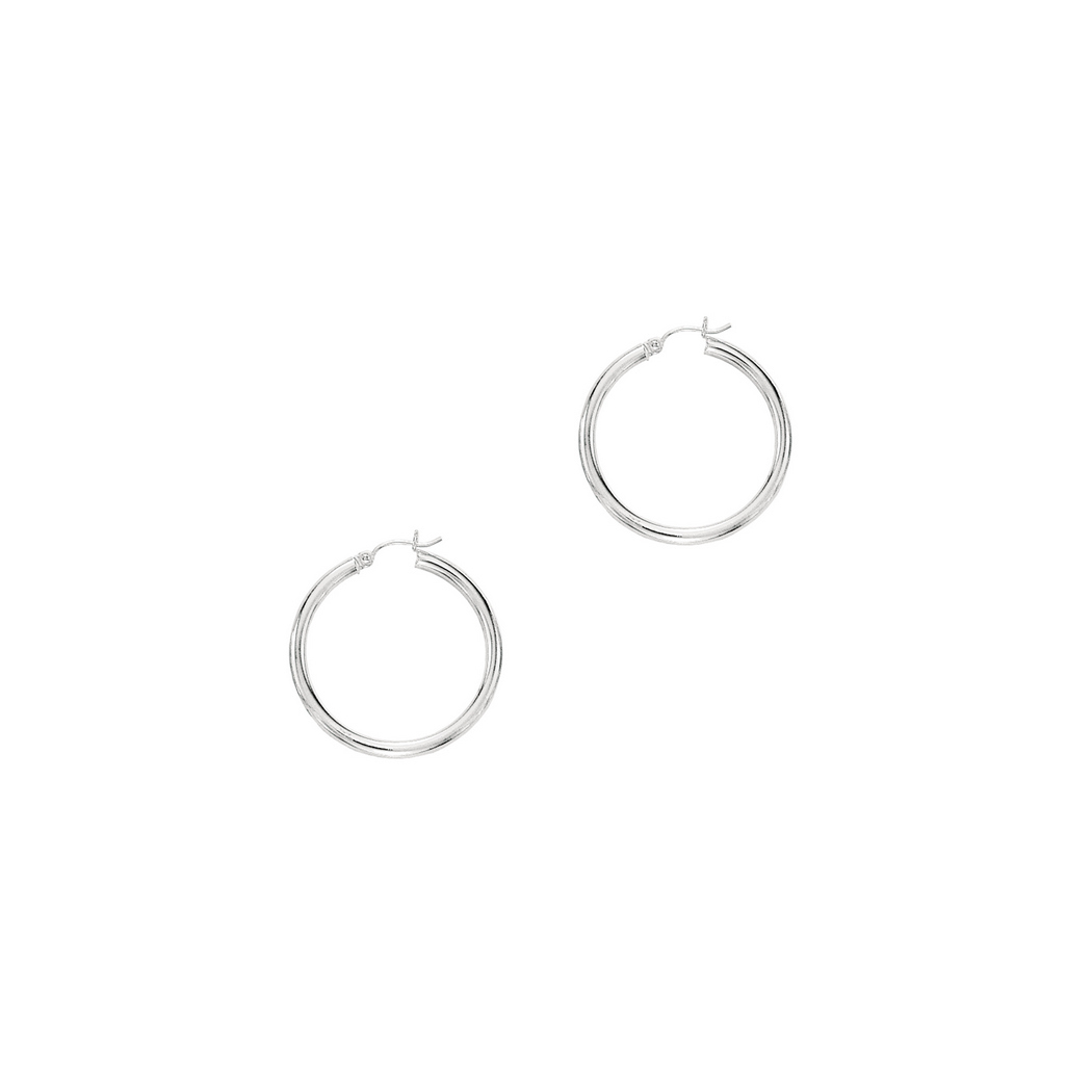
14k White Gold 3.0x30mm Round Tube Shiny Hoop Earrings With Hinged Clasp
