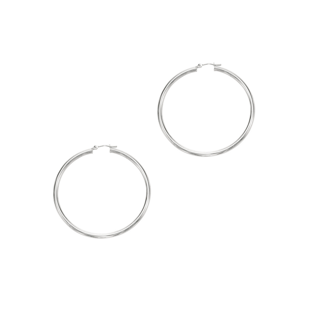 
14k White Gold 3.0x50mm Round Tube Shiny Hoop Earrings With Hinged Clasp
