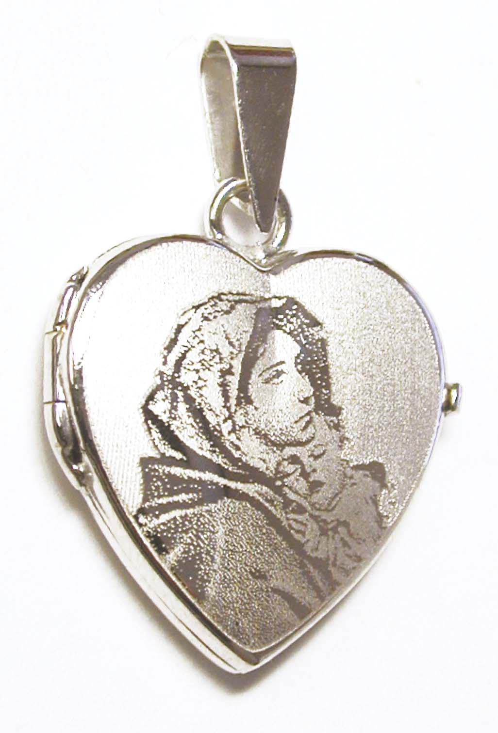 
Laser Etched Virgin Mary and Baby Jesus Heart Locket
