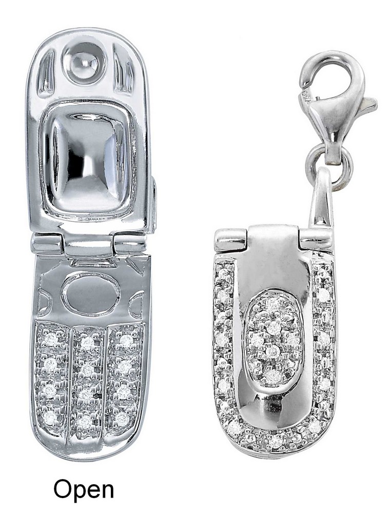 
14k White Cell Phone Round 1.5 mm Diamond Charm
