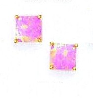 
14k Yellow Gold 7 mm Square Pink Simulated Opal Post Stud Earrings
