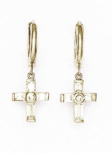 
14k White Gold Baguette and Round Cubic Zirconia Drop Cross Hinged Earrings
