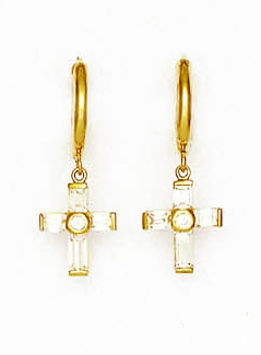 
14k Yellow Gold Baguette and Round Cubic Zirconia Drop Cross Hinged Earrings
