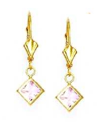 
14k Yellow Gold 5 mm Square Rose-Pink Cubic Zirconia Drop Lever-Back Earrings
