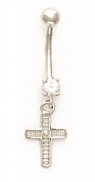 
14k White Gold Cubic Zirconia Cross Belly Ring
