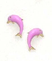 
14k Yellow Gold Pink Enamel Childrens Dolphin Screw-Back Earrings
