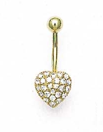
14k Yellow Gold 1.5 mm Round Cubic Zirconia Pave Heart Belly Ring
