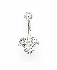
14k White 4 mm Heart Cubic Zirconia Double Dolphin Belly Ring
