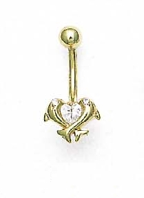 
14k Yellow Gold 4 mm Heart Cubic Zirconia Double Dolphin Belly Ring

