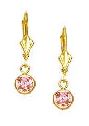 
14k Yellow Gold 5 mm Round Rose-Pink Cubic Zirconia Drop Lever-Back Earrings
