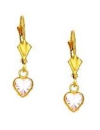 
14k Yellow Gold 5 mm Heart Rose-Pink Cubic Zirconia Drop Lever-Back Earrings
