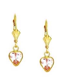 
14k Yellow Gold 6 mm Heart Rose-Pink Cubic Zirconia Drop Lever-Back Earrings
