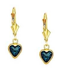 
14k Yellow Gold 6 mm Heart Light-Blue Cubic Zirconia Drop Lever-Back Earrings

