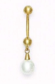 
14k Yellow Gold 7 mm Round White Crystal Pearl Belly Ring

