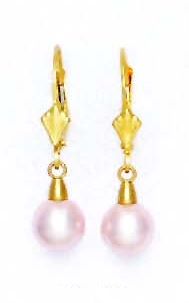 
14k Yellow Gold 7 mm Round Light-Rose Crystal Pearl Drop Earrings
