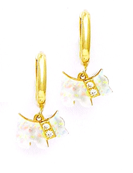 
14k Yellow Cubic Zirconia Simulated Opal Puppy Hinged Earrings
