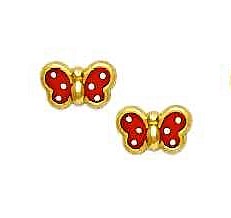 
14k Yellow Gold Red Enamel Childrens Butterfly Earrings
