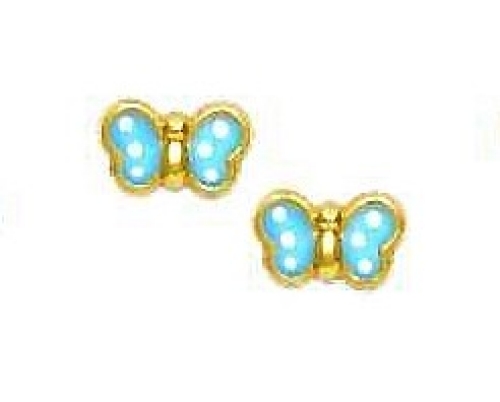 
14k Yellow Gold Blue Enamel Childrens Butterfly Earrings
