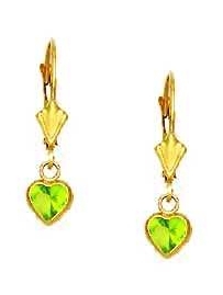 
14k Yellow Gold 5 mm Heart Green Cubic Zirconia Drop Earrings
