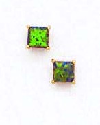 
14k Yellow Gold 4 mm Square Mystic Green Simulated Opal Earrings
