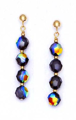 
14k Yellow Gold 6 mm Round Black-Rainbow Crystal Drop Earrings
