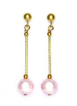 
14k Yellow 7 mm Round Light-Rose Crystal Pearl Drop Earrings
