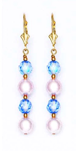 
14k 6mm Light-Blue Crystal 7mm White Crystal Pearl Earrings
