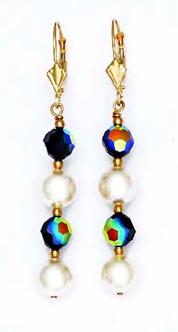 
14k 6mm Black-Rainbow Crystal 7mm White Crystal Pearl Earrings
