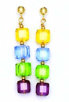 
14k Yellow Gold 6 mm Cube Yellow Blue Green and Purple Crystal Earrings
