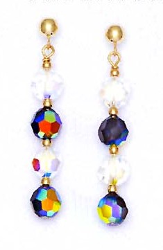 
14k Yellow Gold 6 mm Round Clear and Black-Rainbow Crystal Earrings
