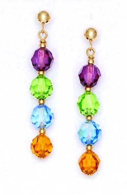 
14k Yellow Gold 6 mm Round Purple Green Blue and Yellow Crystal Earrings
