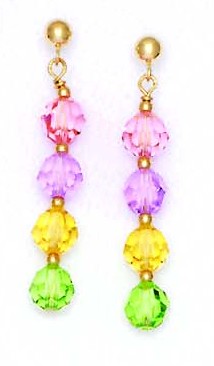 
14k Yellow Gold 6 mm Round Pink Purple Yellow and Green Crystal Earrings
