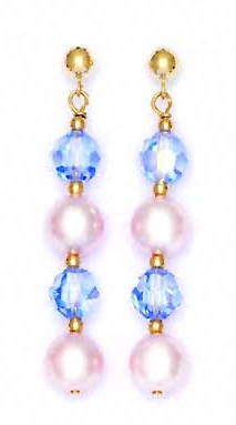 
14k 6mm Ligjt-Blue Crystal 7mm White Crystal Pearl Earrings
