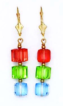 
14k Yellow Gold 6 mm Cube Red Green and Blue Crystal Earrings
