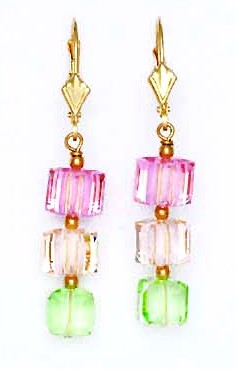 
14k Yellow Gold 6 mm Cube Light Pink Cream and Green Crystal Earrings
