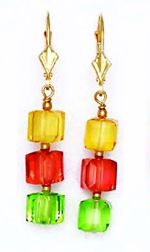 
14k Yellow Gold 6 mm Cube Yellow Red and Green Crystal Earrings
