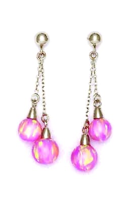 
14k White 6 and 7 mm Round Pink Simulated Opal Double Drop Earrings
