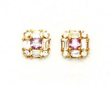 
14k Princess Round and Baguette Clear and Pink Cubic Zirconia Earrings
